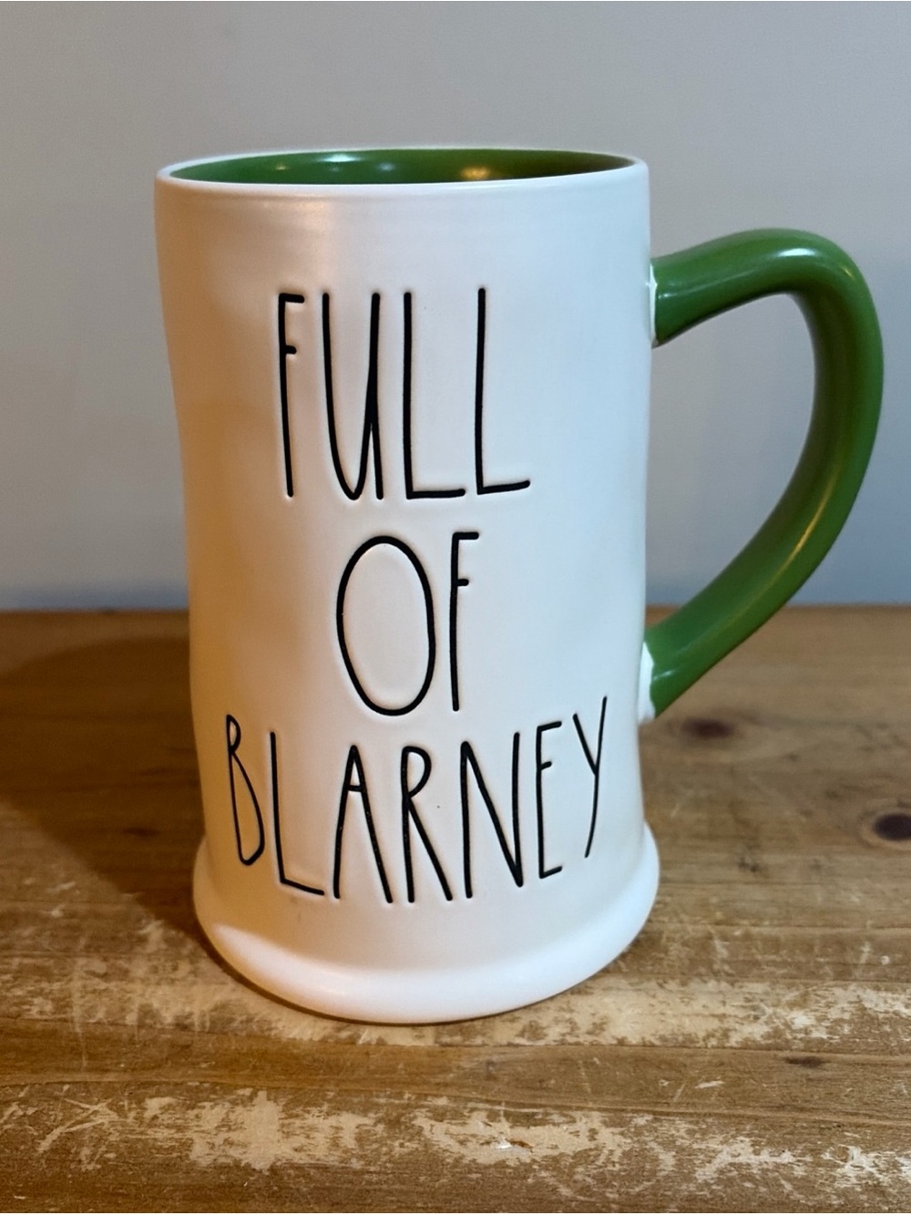 Full of Blarney White Ceramic Mug with Green Handle Rae Dunn